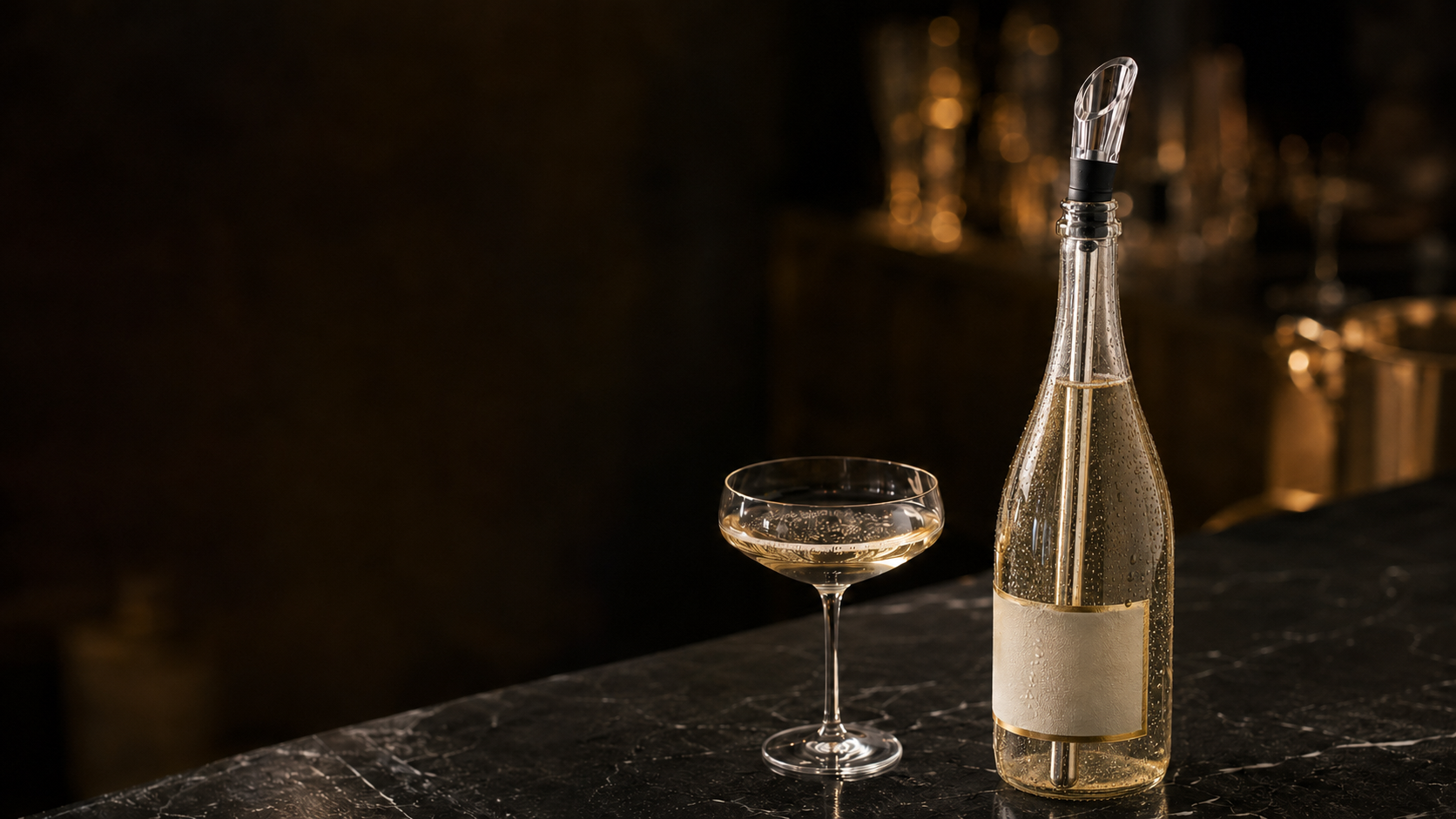 Närbild av ChillCore-staven synlig genom en genomskinlig champagneflaska