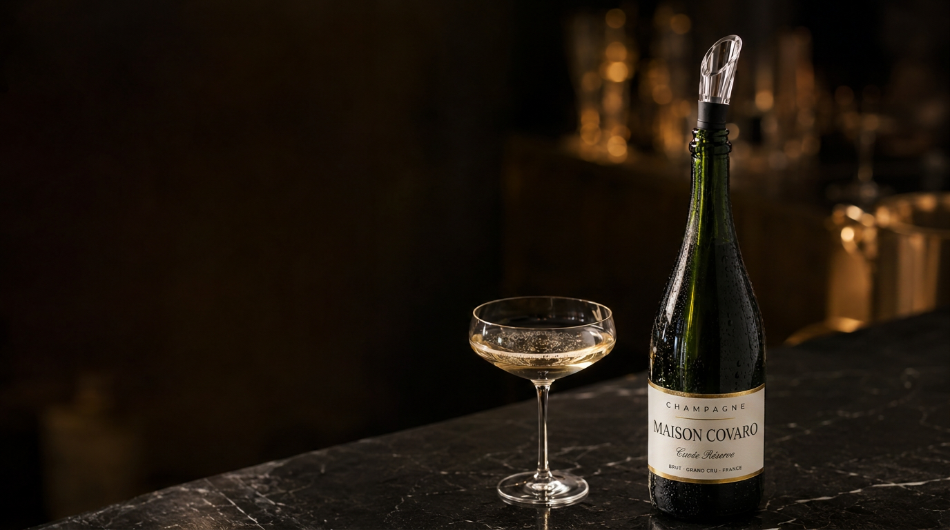 Covaro ChillCore kylstav placerad i en champagneflaska bredvid ett coupeglas på svart marmor